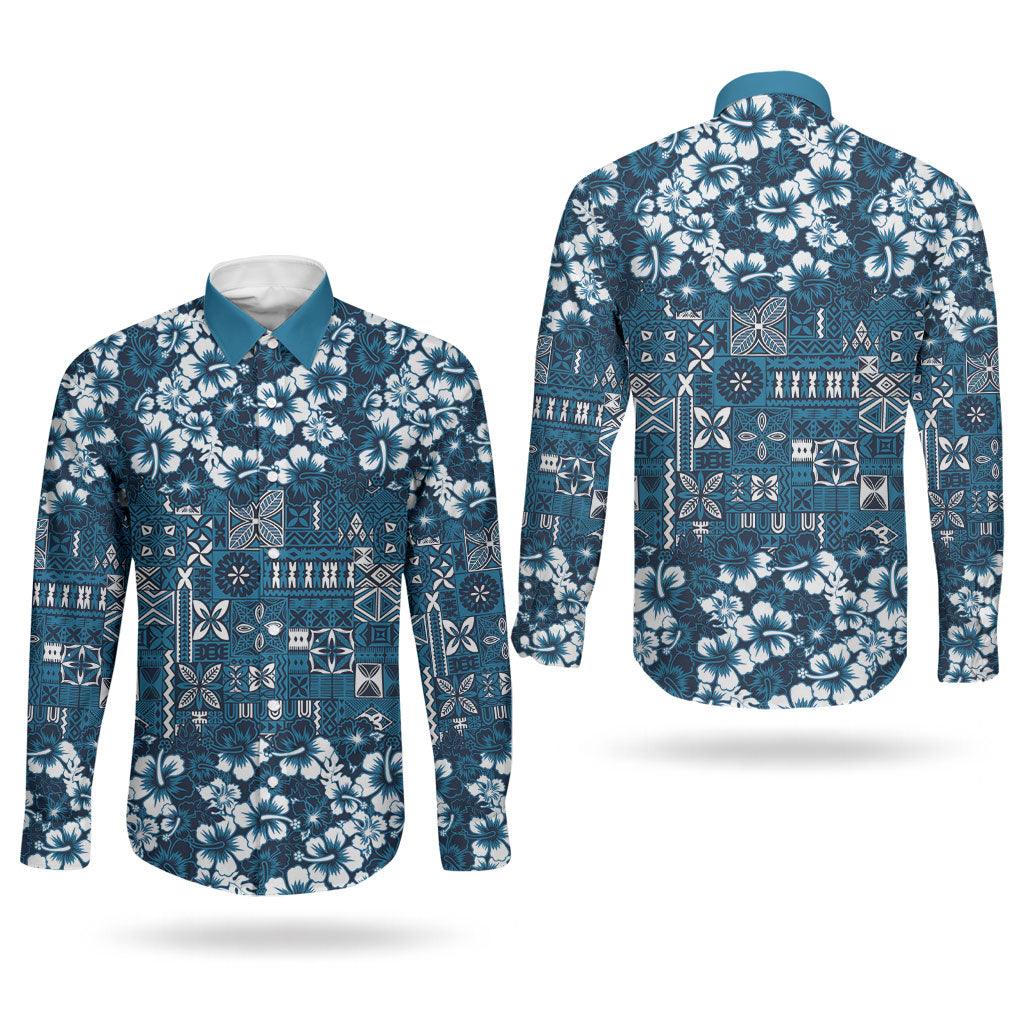 Blue Hawaiian Tapa Tribal Hibiscus Couples Matching Puletasi and Long Sleeve Button Shirt