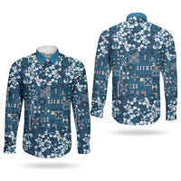 Blue Hawaiian Tapa Tribal Hibiscus Couples Matching Puletasi and Long Sleeve Button Shirt