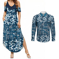 Blue Hawaiian Tapa Tribal Hibiscus Couples Matching Summer Maxi Dress and Long Sleeve Button Shirt