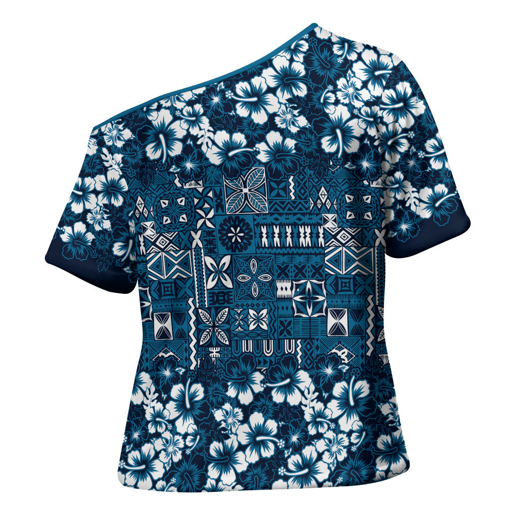 Blue Hawaiian Tapa Tribal Hibiscus Cross Shoulder Shirt