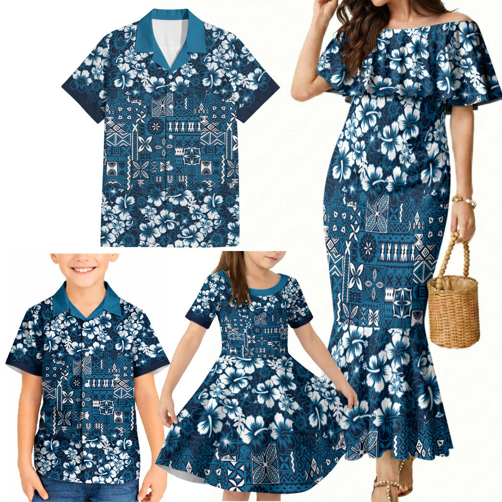Blue Hawaiian Tapa Tribal Hibiscus Family Matching Mermaid Dress and Hawaiian Shirt