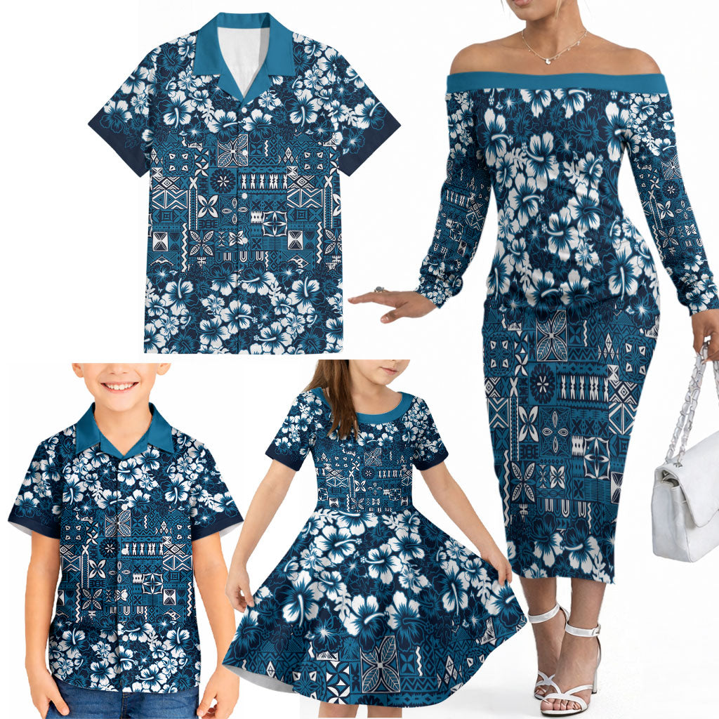 Blue Hawaiian Tapa Tribal Hibiscus Family Matching Off The Shoulder Long Sleeve Dress and Hawaiian Shirt LT9 - Polynesian Pride