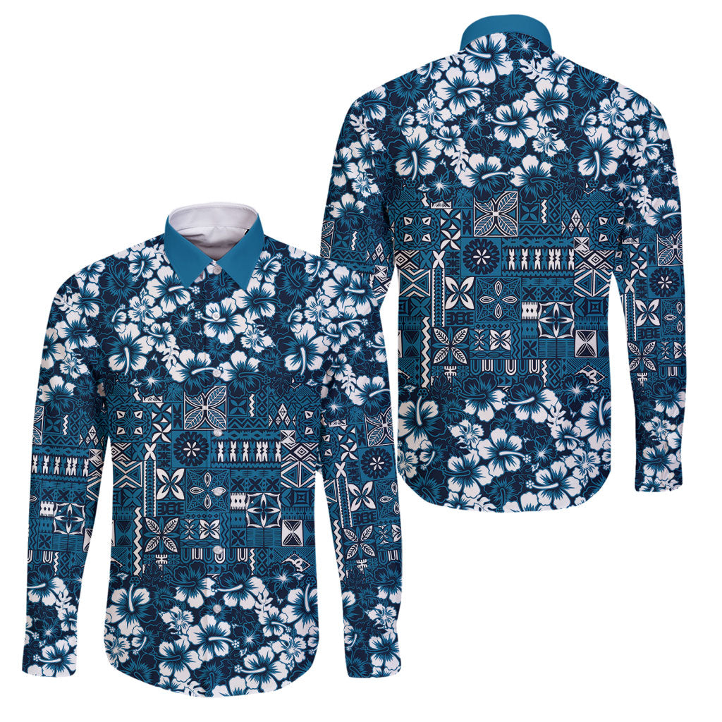 Blue Hawaiian Tapa Tribal Hibiscus Family Matching Off The Shoulder Long Sleeve Dress and Hawaiian Shirt