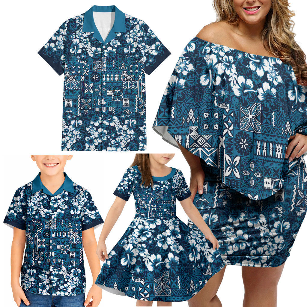 Blue Hawaiian Tapa Tribal Hibiscus Family Matching Off Shoulder Short Dress and Hawaiian Shirt LT9 - Polynesian Pride