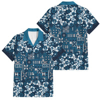 Blue Hawaiian Tapa Tribal Hibiscus Family Matching Off Shoulder Short Dress and Hawaiian Shirt