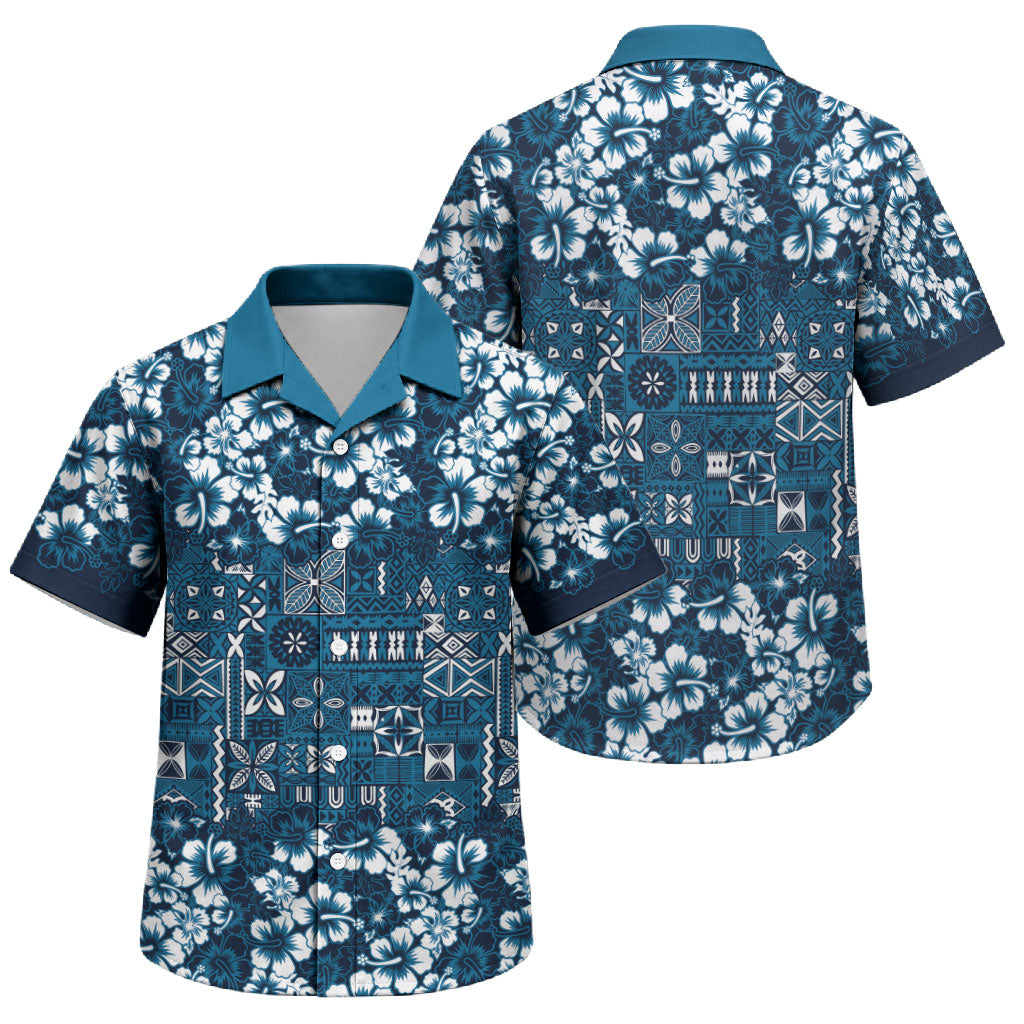 Blue Hawaiian Tapa Tribal Hibiscus Family Matching Off Shoulder Short Dress and Hawaiian Shirt