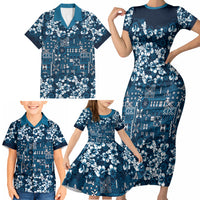 Blue Hawaiian Tapa Tribal Hibiscus Family Matching Short Sleeve Bodycon Dress and Hawaiian Shirt