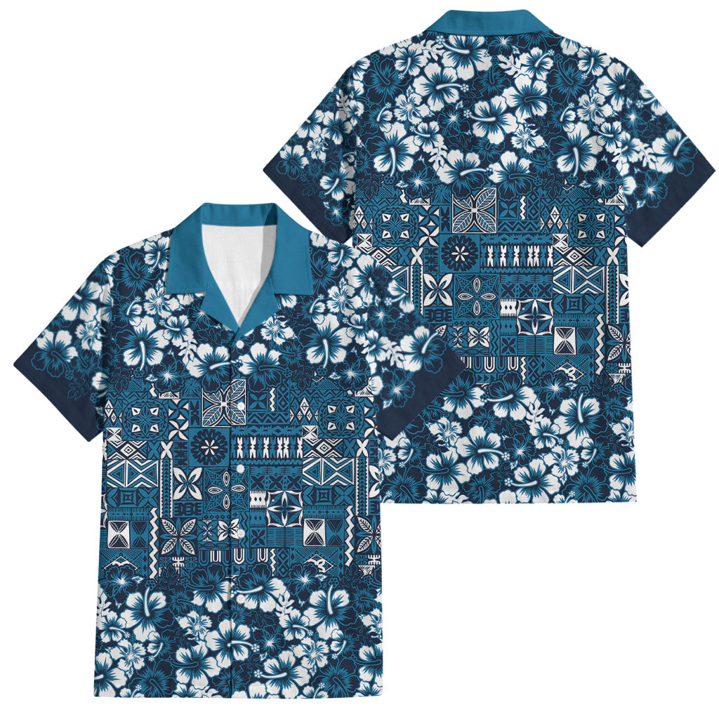 Blue Hawaiian Tapa Tribal Hibiscus Family Matching Short Sleeve Bodycon Dress and Hawaiian Shirt