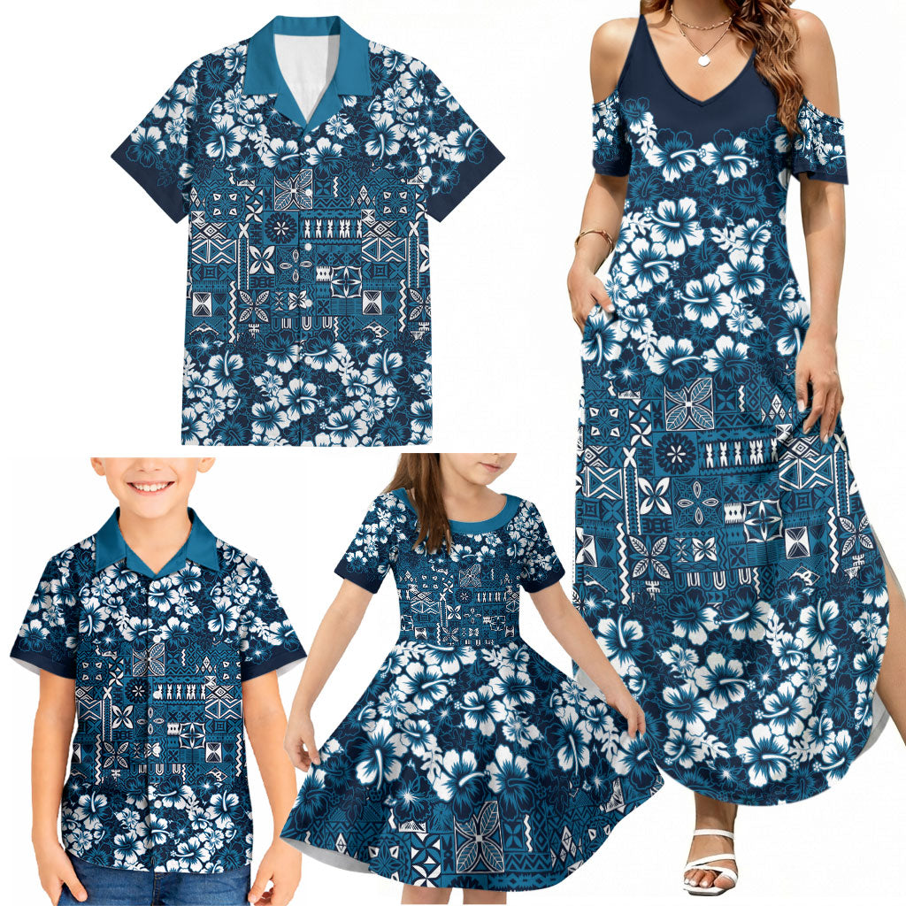 Blue Hawaiian Tapa Tribal Hibiscus Family Matching Summer Maxi Dress and Hawaiian Shirt LT9 - Polynesian Pride