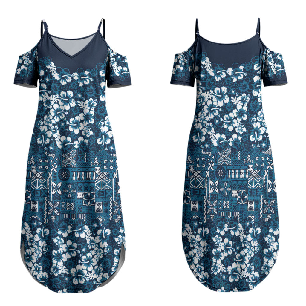 Blue Hawaiian Tapa Tribal Hibiscus Family Matching Summer Maxi Dress and Hawaiian Shirt