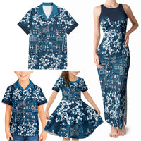 Blue Hawaiian Tapa Tribal Hibiscus Family Matching Tank Maxi Dress and Hawaiian Shirt