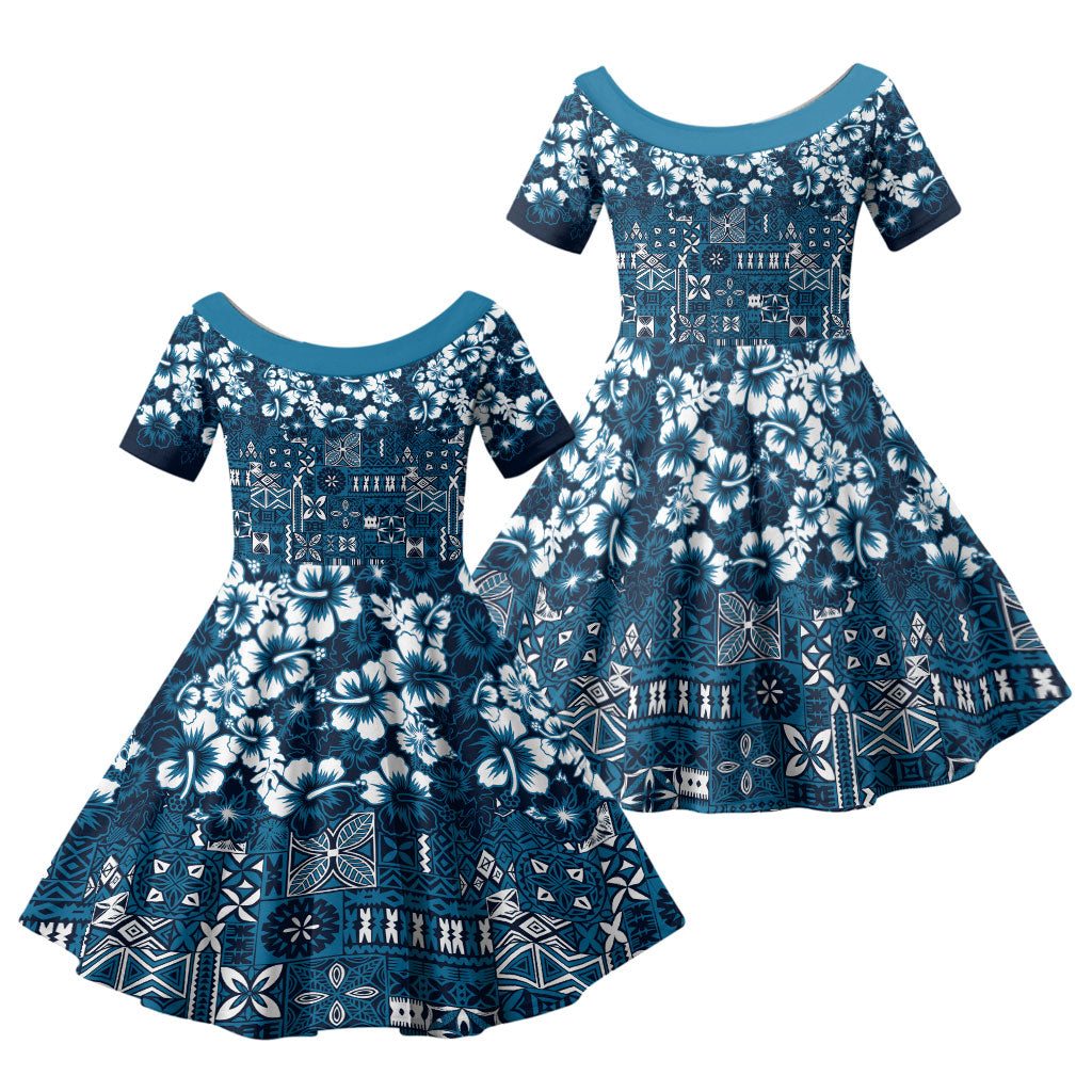 Blue Hawaiian Tapa Tribal Hibiscus Family Matching Tank Maxi Dress and Hawaiian Shirt