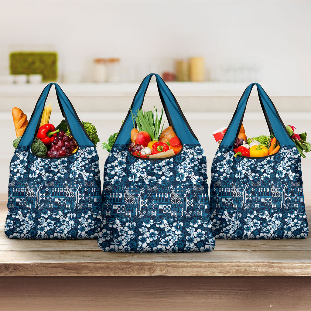 Blue Hawaiian Tapa Tribal Hibiscus Grocery Bag