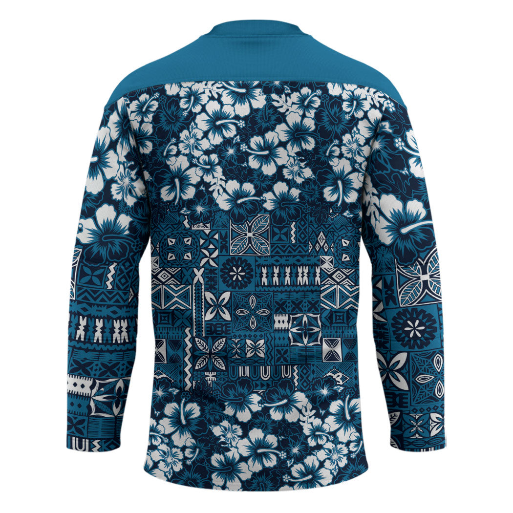 Blue Hawaiian Tapa Tribal Hibiscus Hockey Jersey