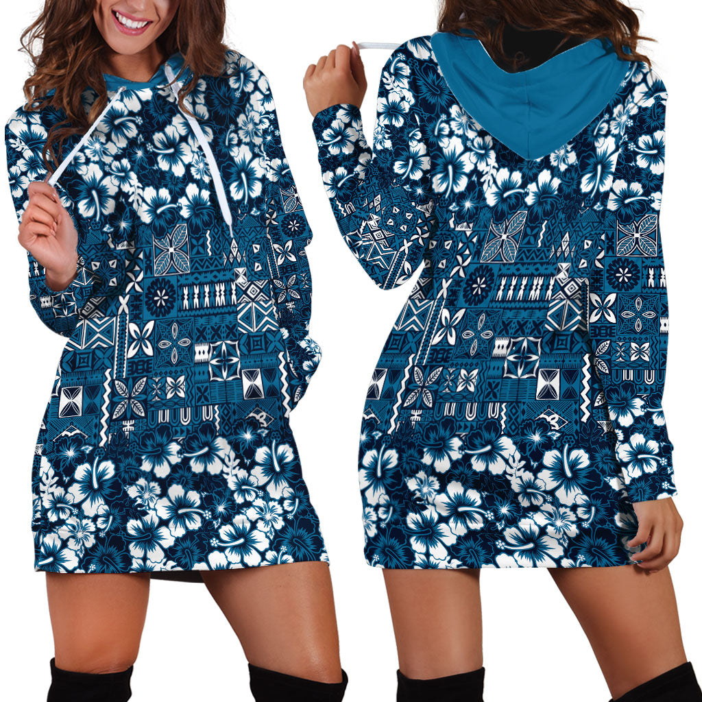 Blue Hawaiian Tapa Tribal Hibiscus Hoodie Dress