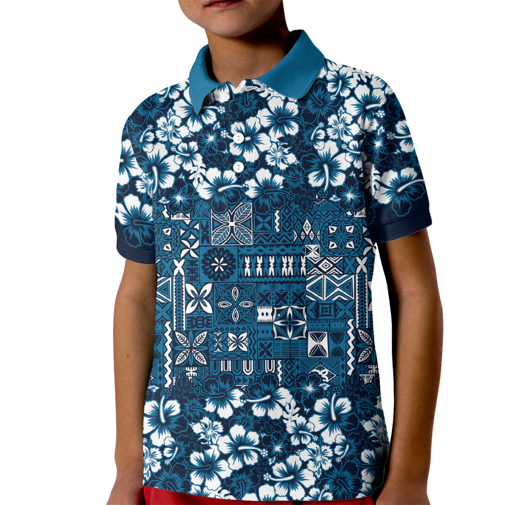 Blue Hawaiian Tapa Tribal Hibiscus Kid Polo Shirt