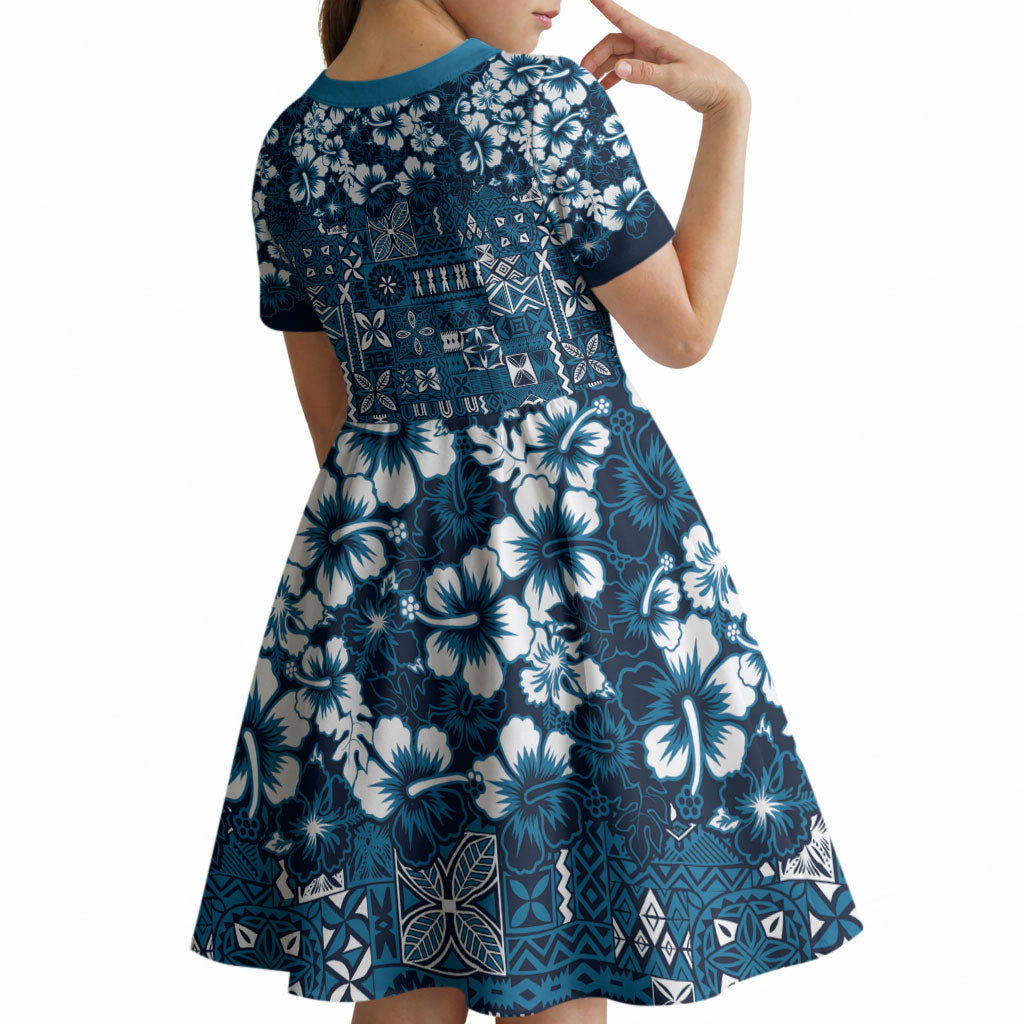 Blue Hawaiian Tapa Tribal Hibiscus Kid Short Sleeve Dress