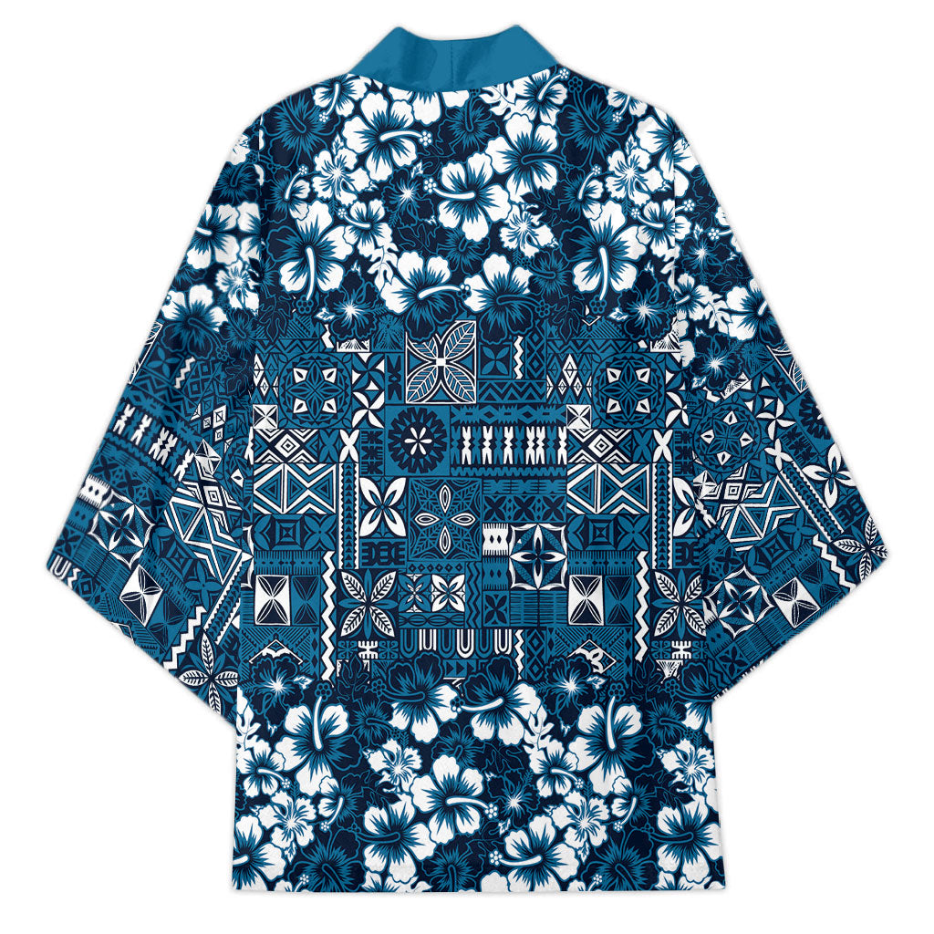 Blue Hawaiian Tapa Tribal Hibiscus Kimono