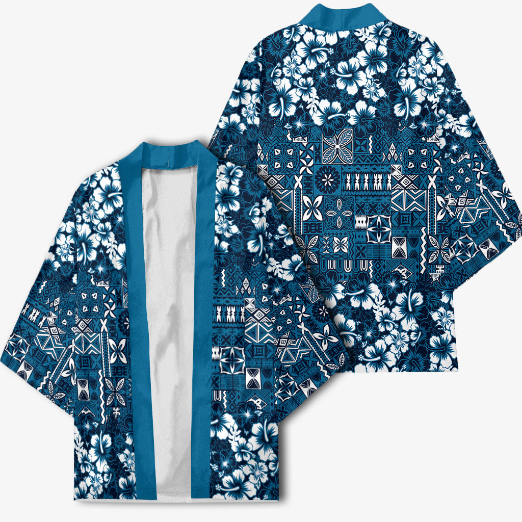 Blue Hawaiian Tapa Tribal Hibiscus Kimono