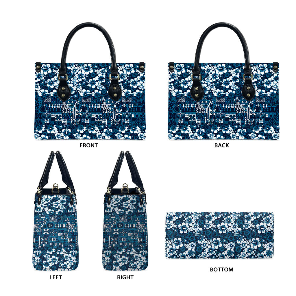 Blue Hawaiian Tapa Tribal Hibiscus Leather Bag