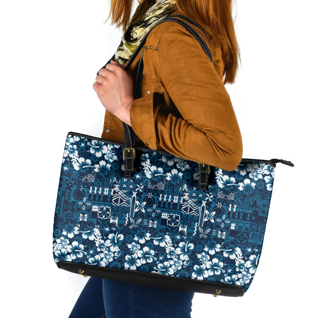 Blue Hawaiian Tapa Tribal Hibiscus Leather Tote Bag