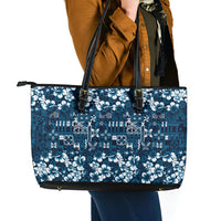 Blue Hawaiian Tapa Tribal Hibiscus Leather Tote Bag