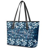 Blue Hawaiian Tapa Tribal Hibiscus Leather Tote Bag