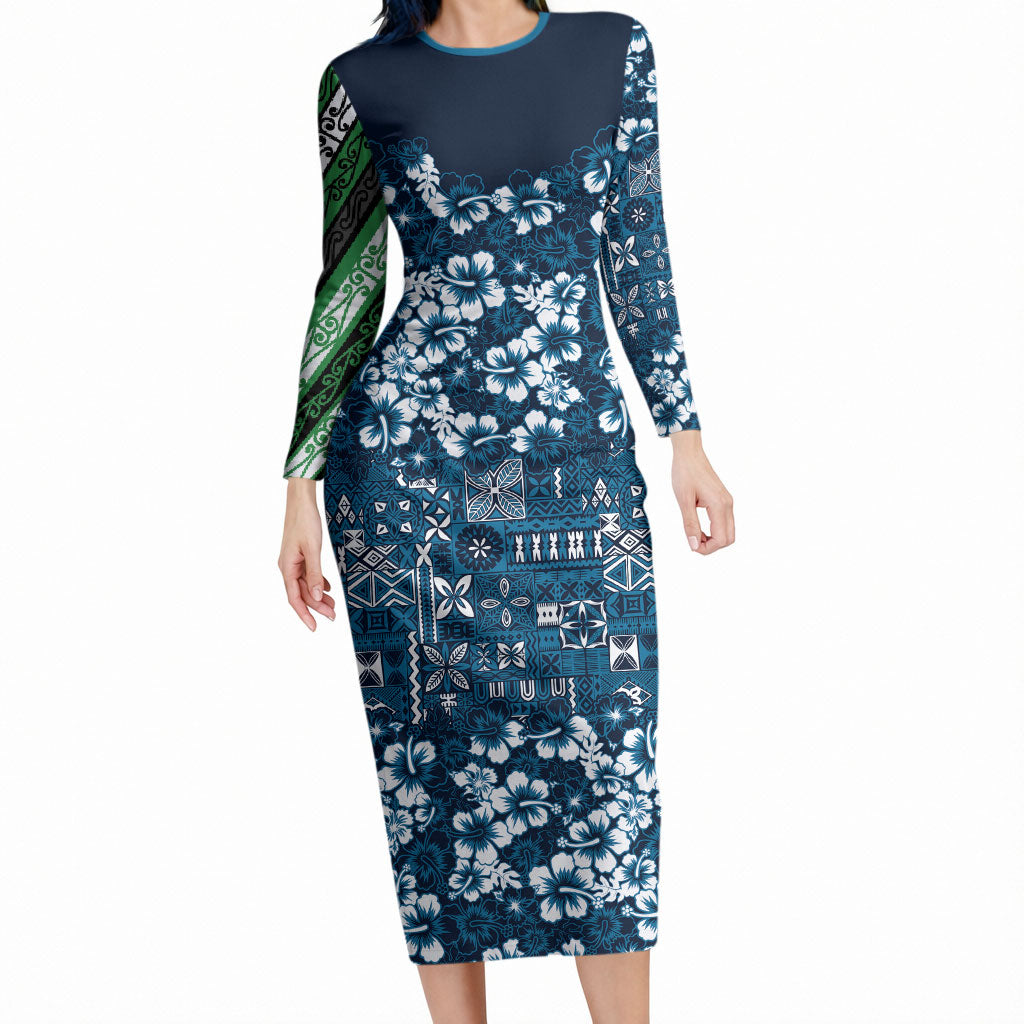 Blue Hawaiian Tapa Tribal Hibiscus Long Sleeve Bodycon Dress