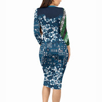 Blue Hawaiian Tapa Tribal Hibiscus Long Sleeve Bodycon Dress