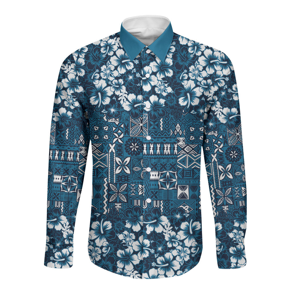 Blue Hawaiian Tapa Tribal Hibiscus Long Sleeve Button Shirt