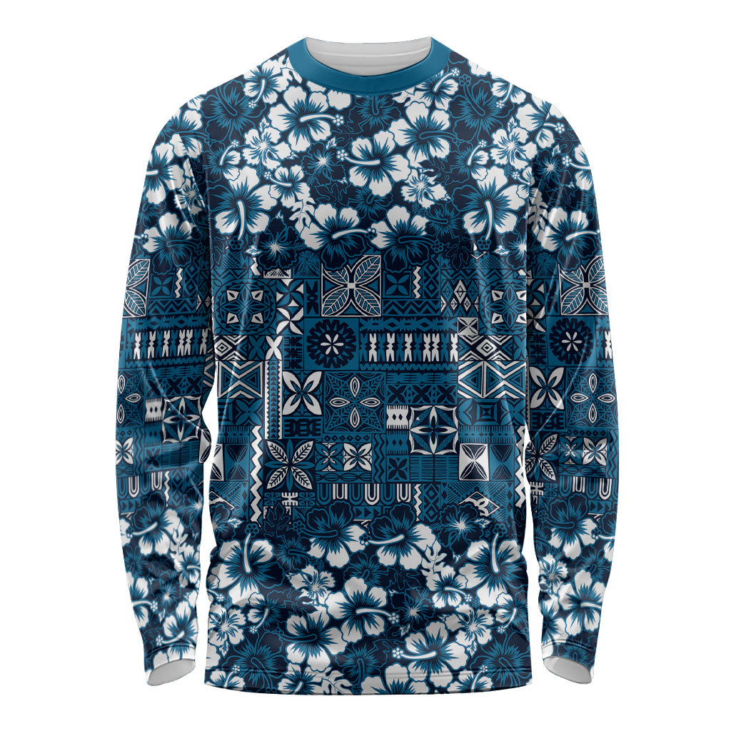 Blue Hawaiian Tapa Tribal Hibiscus Long Sleeve Shirt