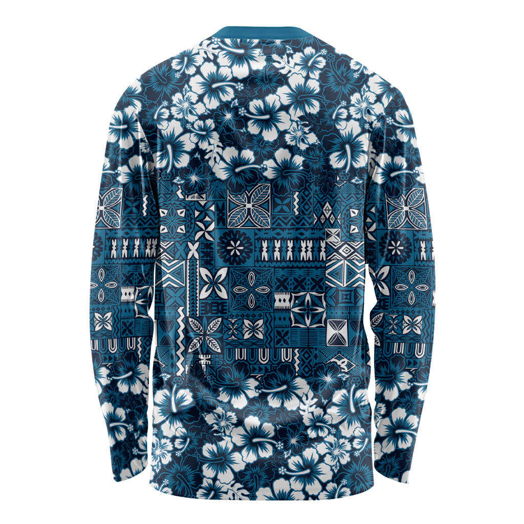 Blue Hawaiian Tapa Tribal Hibiscus Long Sleeve Shirt