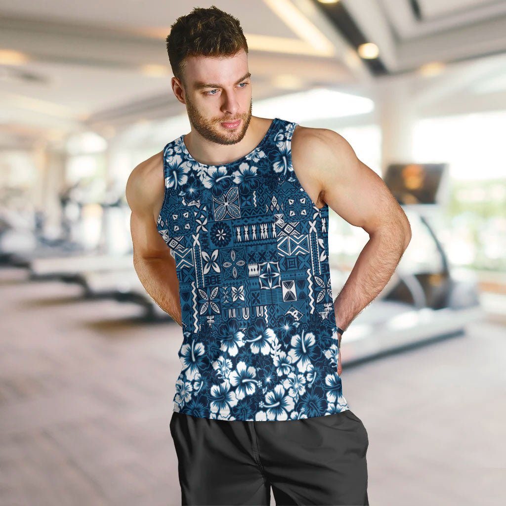 Blue Hawaiian Tapa Tribal Hibiscus Men Tank Top