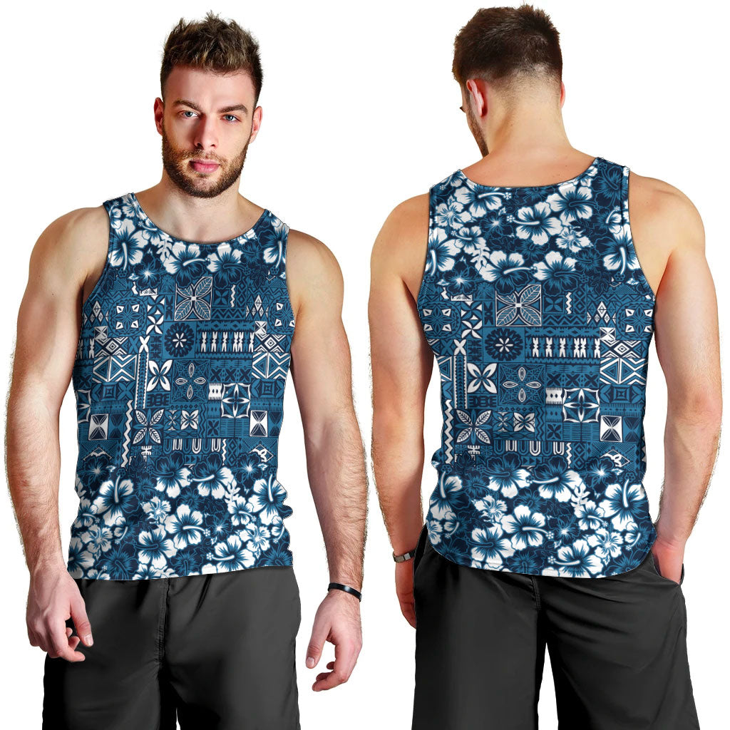 Blue Hawaiian Tapa Tribal Hibiscus Men Tank Top