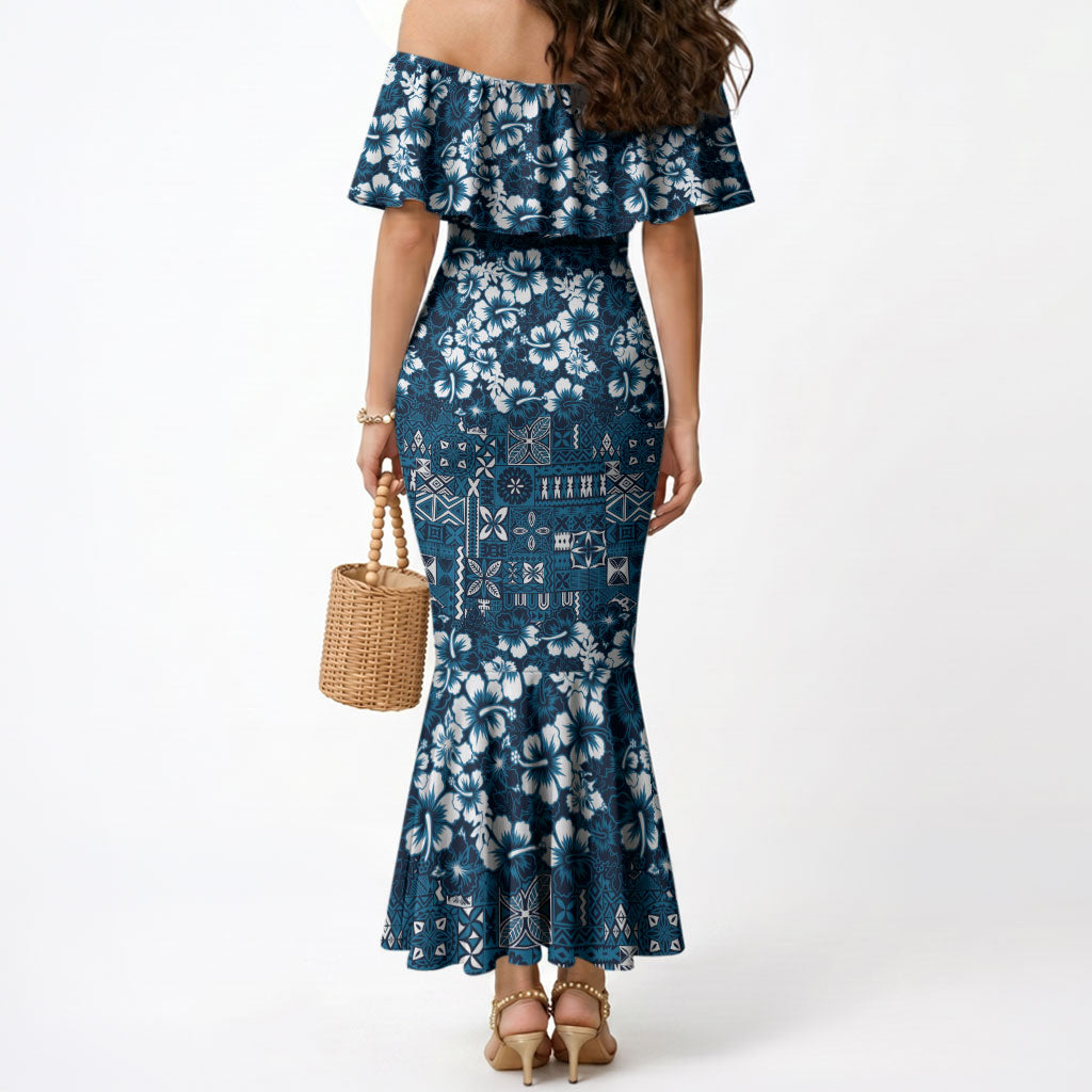 Blue Hawaiian Tapa Tribal Hibiscus Mermaid Dress