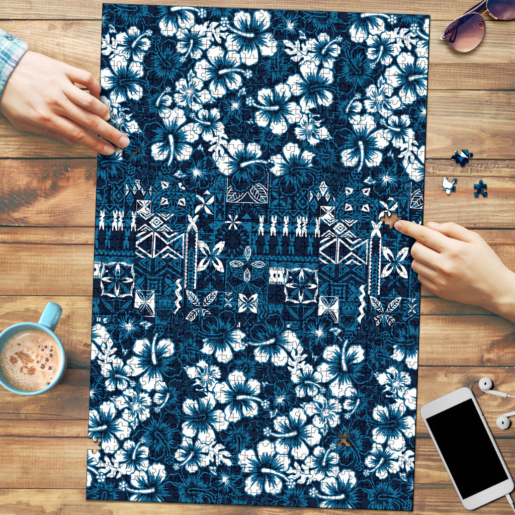 Blue Hawaiian Tapa Tribal Hibiscus Puzzle