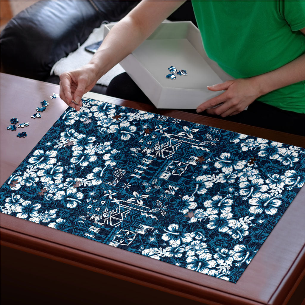 Blue Hawaiian Tapa Tribal Hibiscus Puzzle