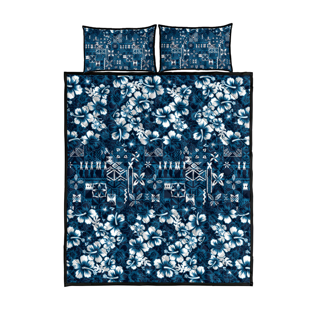 Blue Hawaiian Tapa Tribal Hibiscus Quilt Bed Set
