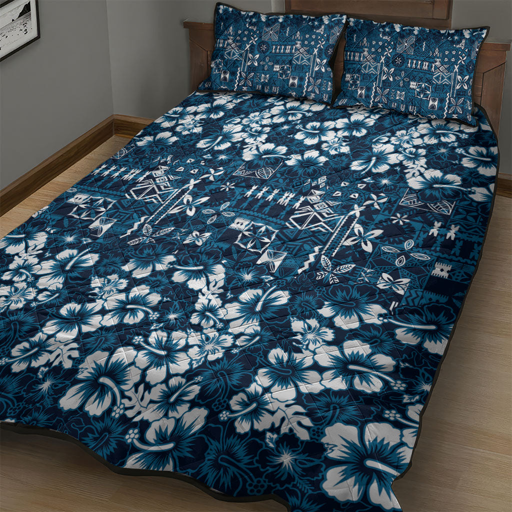 Blue Hawaiian Tapa Tribal Hibiscus Quilt Bed Set