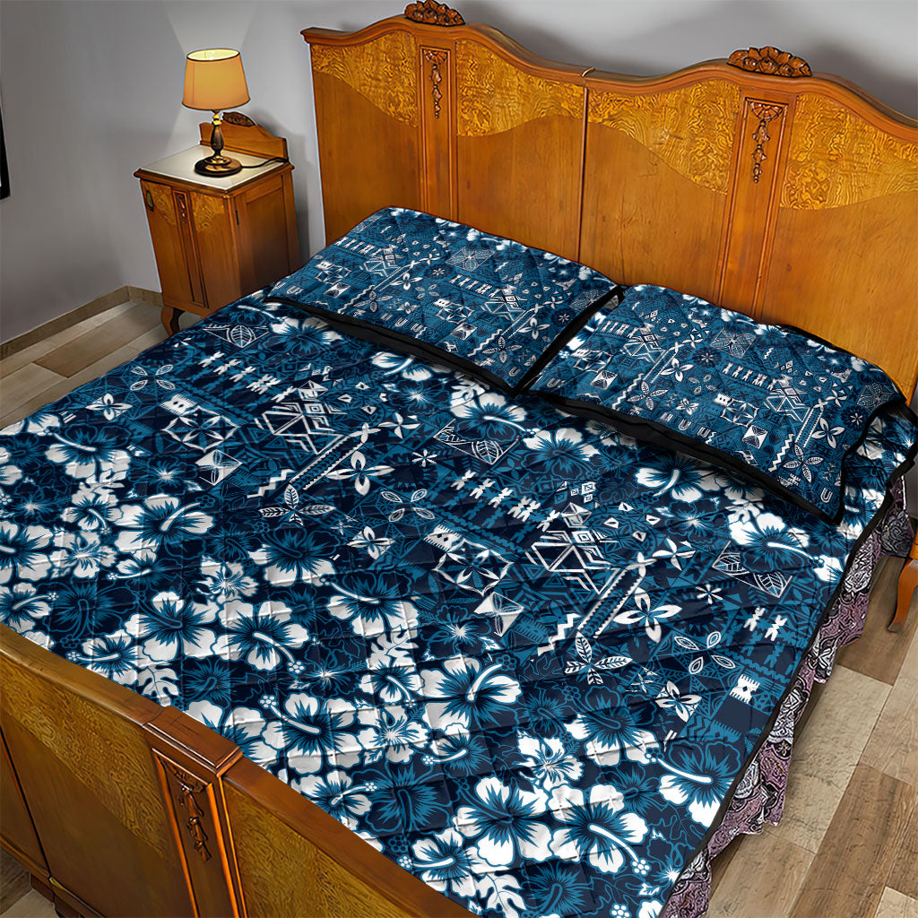Blue Hawaiian Tapa Tribal Hibiscus Quilt Bed Set