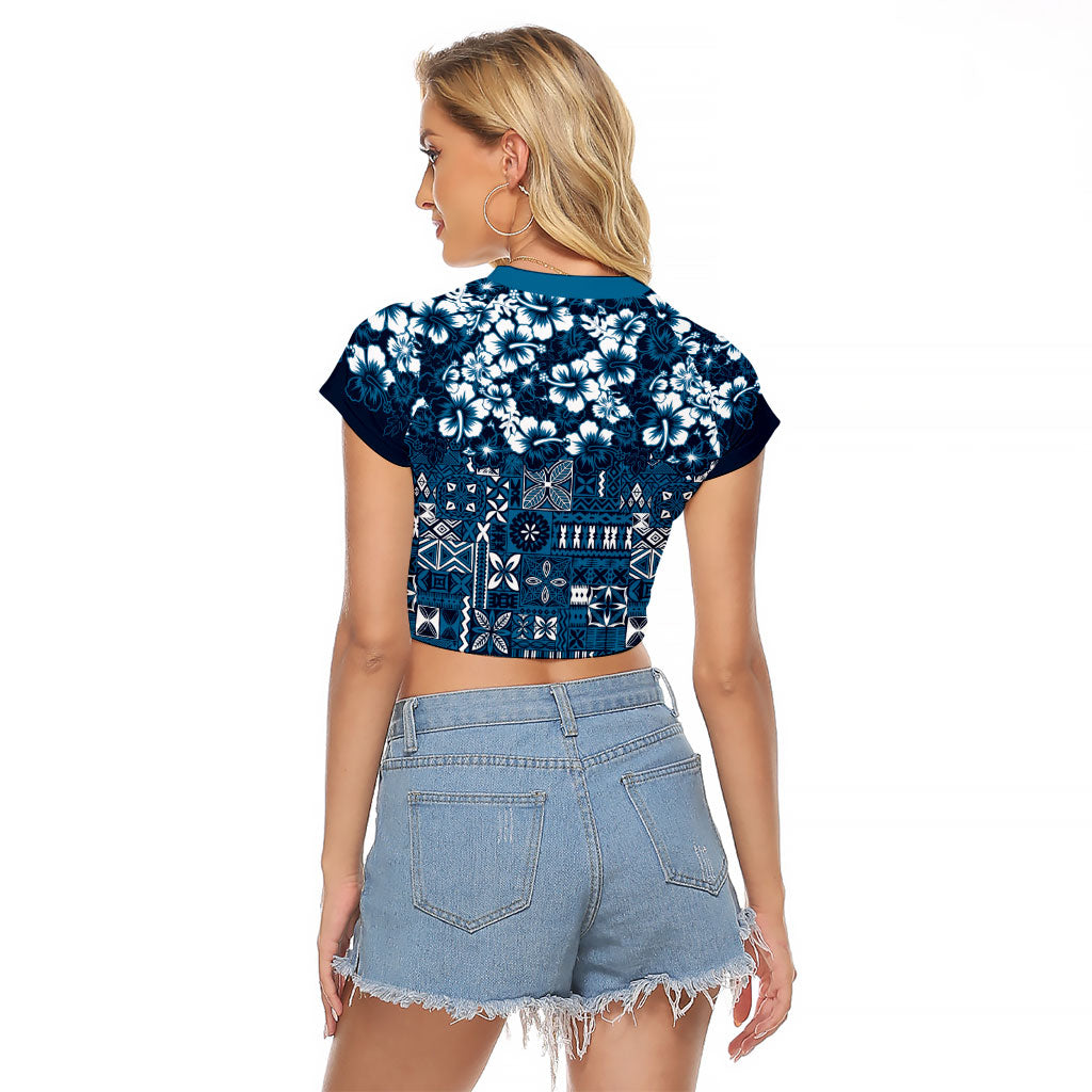 Blue Hawaiian Tapa Tribal Hibiscus Raglan Cropped T Shirt