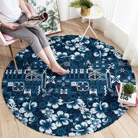 Blue Hawaiian Tapa Tribal Hibiscus Round Carpet