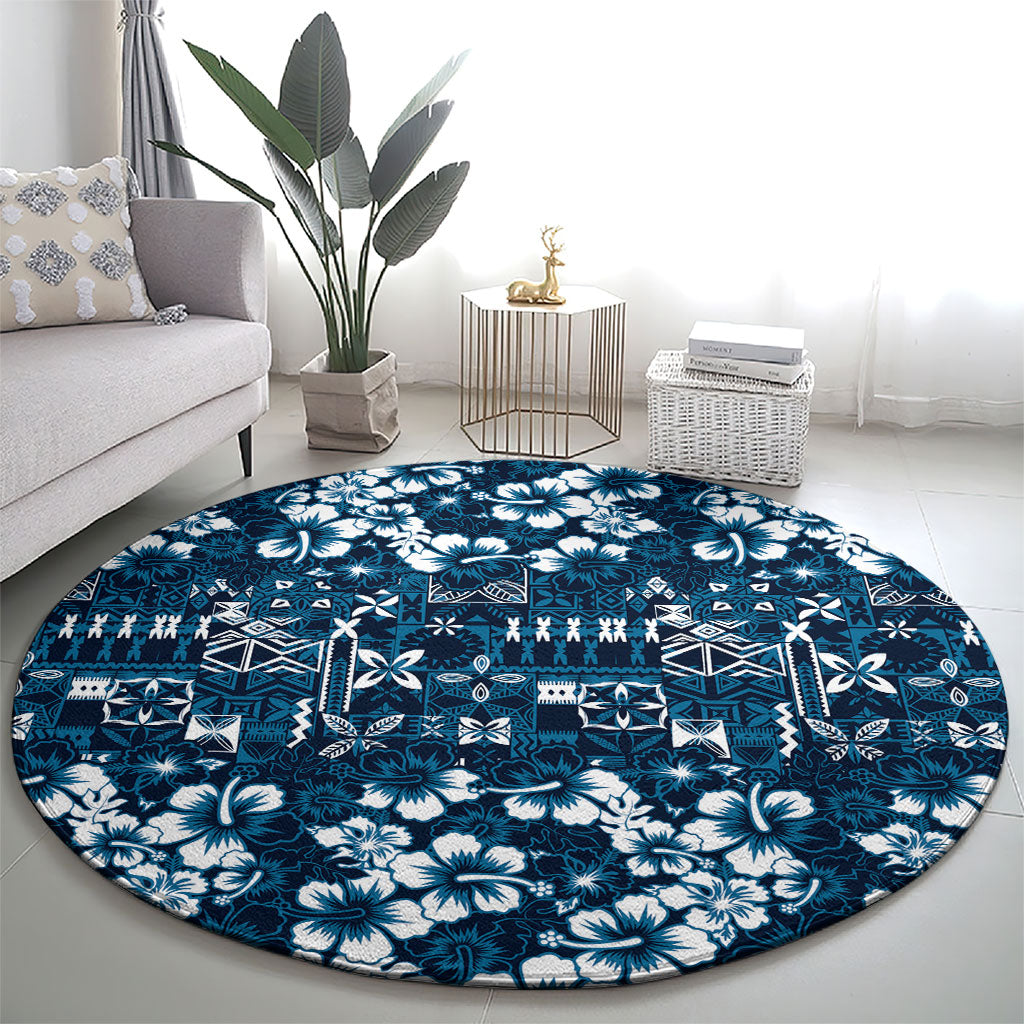 Blue Hawaiian Tapa Tribal Hibiscus Round Carpet