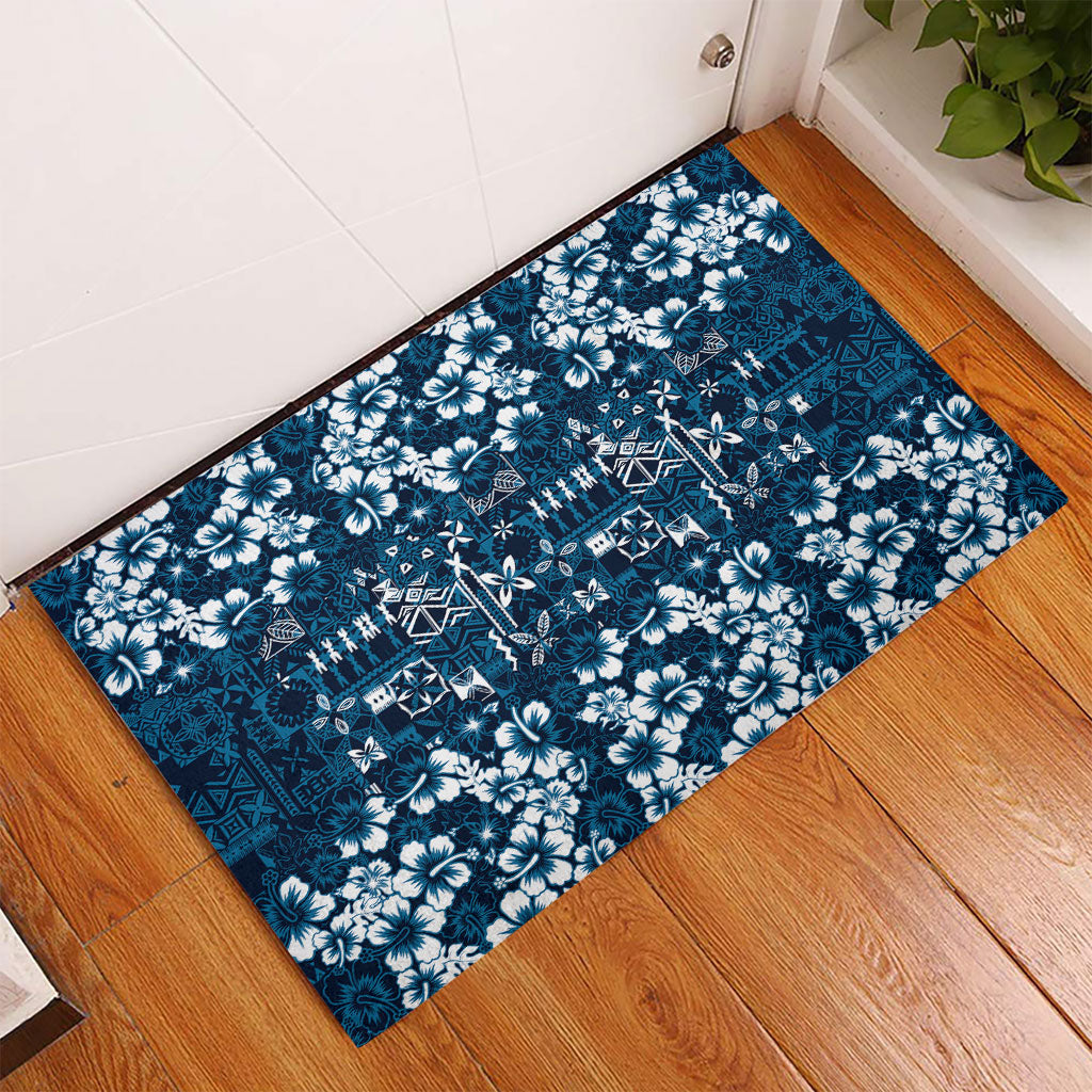 Blue Hawaiian Tapa Tribal Hibiscus Rubber Doormat