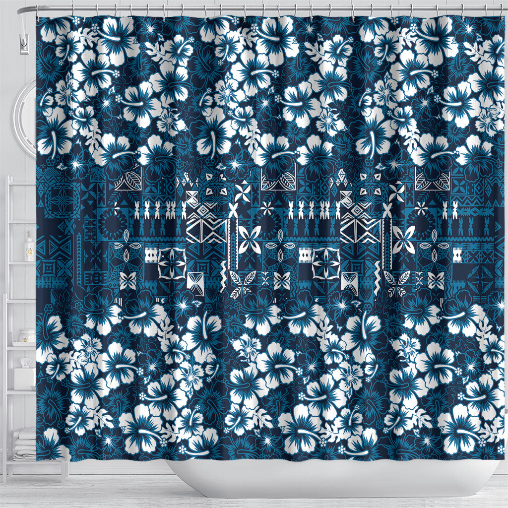 Blue Hawaiian Tapa Tribal Hibiscus Shower Curtain