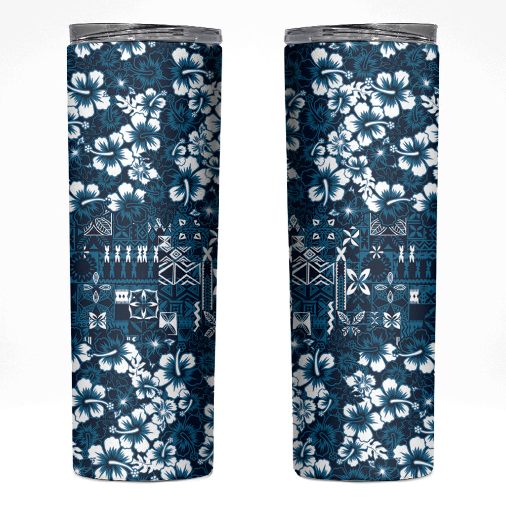 Blue Hawaiian Tapa Tribal Hibiscus Skinny Tumbler
