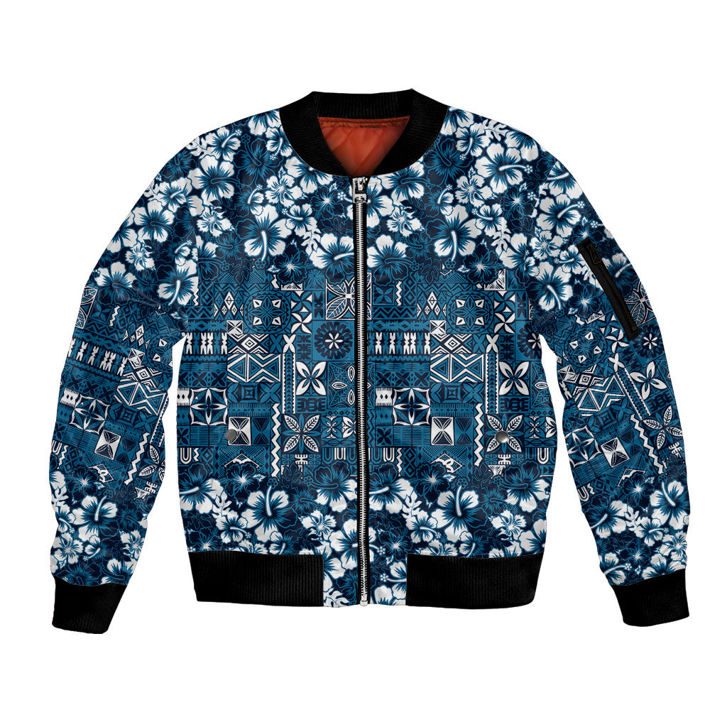 Blue Hawaiian Tapa Tribal Hibiscus Sleeve Zip Bomber Jacket