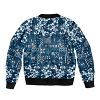 Blue Hawaiian Tapa Tribal Hibiscus Sleeve Zip Bomber Jacket