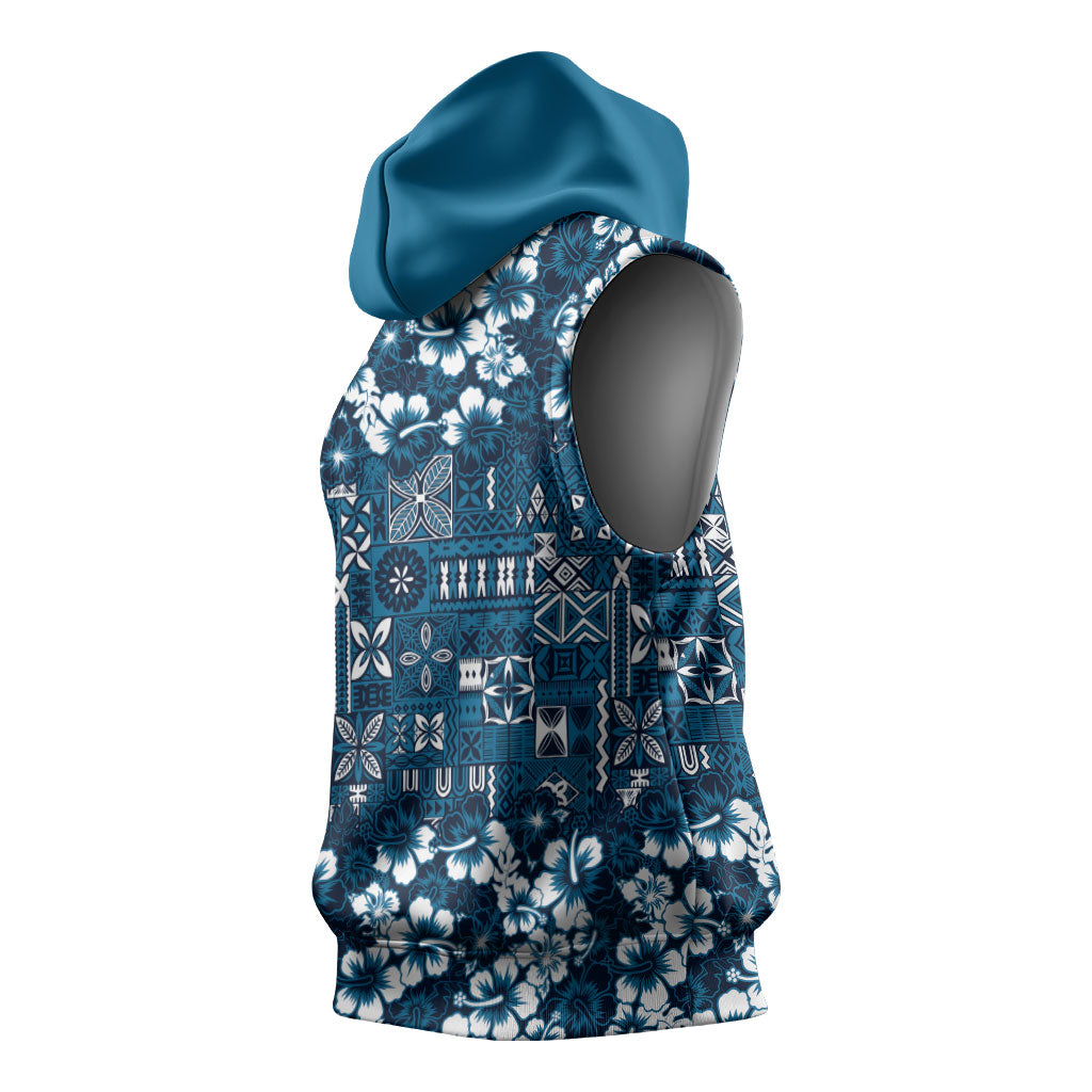 Blue Hawaiian Tapa Tribal Hibiscus Sleeveless Hoodie