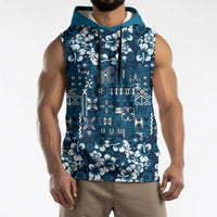 Blue Hawaiian Tapa Tribal Hibiscus Sleeveless Hoodie